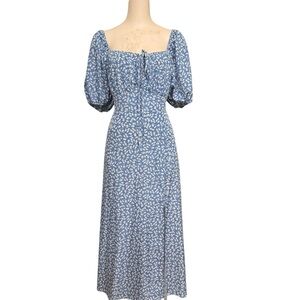 Blue Floral Square-Neck Milkmaid Cottagecore Floral Midi Dress